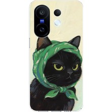 TechTree Vivo X200 Fe Uyumlu Babushka Yeşil Başörtülü Siyah Kedi Baskılı Silikon Kılıf