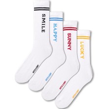 Katia & Bony Unisex Yazı Baskılı Çizgili Beyaz 4'lü Soket Çorap