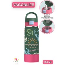 Vagonlife 550 ml Desenli Çift Içim - Pipetli / Pipetsiz Taşıma Kulplu Paslanmaz Çelik Termos