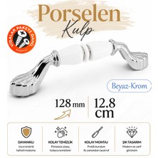 Badem10 Vionel Porselen Beyaz Krom Kulp 128 mm 12.8 cm Mobilya Çekmece Dolabı Dolap Kapak Kulplar Kulb Kulpu