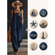 Punky Store 8 Li Set-3 Deniz Temalı Rozet Seti Lacivert Bej Sailor Marin Yelken Deniz Yıldızı Pusula Broş Pin