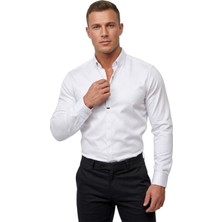 Rizzup Beyaz Slim Fit Likralı Kolay Ütülenebilir Gizli Düğmeli Erkek Gömlek 2602614