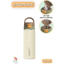 Vagonlife 550 ml  Çift Içim - Pipetli / Pipetsiz Taşıma Kulplu Paslanmaz Çelik Termos