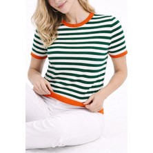 Zerelle Collection Kadın Çizgi Desenli Simit Yaka T-Shirt