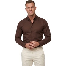 Deepsea Kahve Slim Fit Likralı Kolay Ütülenebilir Gizli Düğmeli Erkek Gömlek 2602614