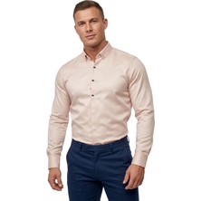 Rizzup Bej Slim Fit Likralı Kolay Ütülenebilir Gizli Düğmeli Erkek Gömlek 2602614