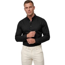 Rizzup Siyah Slim Fit Likralı Kolay Ütülenebilir Gizli Düğmeli Erkek Gömlek 2602614
