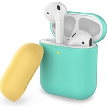 Mabeyn Airpods 1–2 Nesil Uyumlu Silikon Kılıf – Mat Yumuşak Doku, Darbe Emici, Kaymaz Yüzey, Kablosuz Şarj Destekli, Yedek Üst Kapak Hediyeli Koruyucu Kılıf Yeşil Sarı