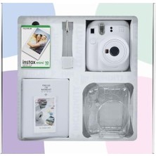 Mabeyn Mini 12 Beyaz Fotoğraf Makinesi 10'lu Film Simli Pleksi Kılıf Pvc Albüm ve Kıskaçlı Resim Standı Bundle Box