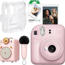 Mabeyn Mini 12 Pembe Fotoğraf Makinesi-10'lu Film-Şeffaf Kılıf ve Fairy-Ok Pembe Karaoke Mikrofonlu Fm Radyolu Bluetooth Hoparlör