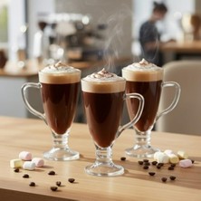 Mabeyn 3’lü Cam Kupa Seti 250 ml – Ayaklı Şeffaf Kahve ve Tatlı Bardağı –, Cappuccino, Çikolata Için