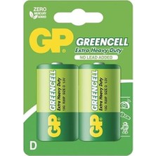 Mabeyn Gp Batteries GP13G Greencell R20P/1250/D Boy Kalın Pil, 1.5 Volt, 2'li Kart