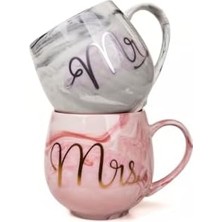 Mabeyn Lüks Mermer Desenli Mr & Mrs 2'li Porselen Kupa Seti – 400 Ml, Hediyelik Kutulu,pembe & Gri