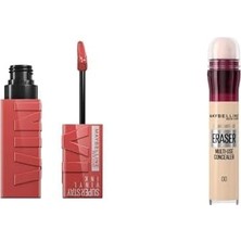Mabeyn New York Super Ink Uzun Süre Kalıcı Likit Parlak Ruj 15 Peachy + New York Anti Age Eraser Kapatıcı, 00 Ivory, 6.8 ml