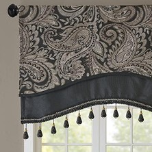 Mabeyn Ipek Şal Desenli, Rustik Cepli Perde Gizlilik Astarlı Oturma Odası, Mutfak, Yatak Odası ve Yurt Odası Için, 127 cm x 45 Cm, Siyah Boncuk Süsleme