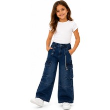 İrem Çocuk Giyim Kız Çocuk Çift Kargo Cepli Geniş Paça Model Zincir Aksesuarlı Lacivert Renk Kot Pantolon