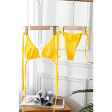 Kadın Sarı Yandan Bağlamalı Tangalı Üçgen Bikini Mayo Takımı Mery Woman