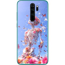 Le Balvo Redmi Note 8 Pro Uyumlu Iskelet Çiçekleri Baskılı Silikon Kılıf
