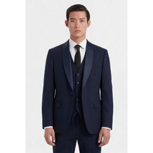 Giotelli Erkek Koyu Lacivert Dar Kesim Slim Fit Viskon Dokuma Normal Bel 6 Drop Yelekli Smokin Takım Elbise