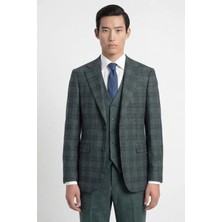 Sabri Özel Giotelli Erkek Yeşil Dar Kesim Slim Fit Viskon Ekose Sivri Yaka Fleto Kapaklı Cep Çift Yırtmaçlı Klasik Paça Tam Astarlı 6 Drop Yelekli Takım Elbise