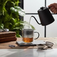 DMR Home 250 ml Çift Cidarlı Borosilikat Cam Kupa - Detaylı, Dikey Çizgili Dayanıklı Kahve ve Çay Bardağı