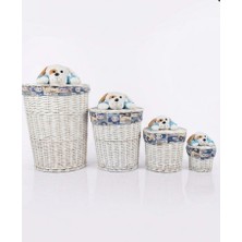 Hüco Bazaar Hasır 4'lü Set Peluş Köpek Temalı Kapak Eğlenceli Oyuncak Çamaşır Sepeti Çok Amaçlı Sepet Organizer Saklama Kutusu