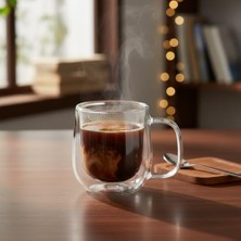 DMR Home Çift Cidarlı (Double) Kulplu Cam Kupa - 250 ml Dayanıklı Borosilikat Çay ve Kahve Kupası - El Yakmayan Modern Tasarım Mug