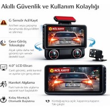 DMR Home Wifi Destekli 3 Kameralı Araç Içi Kamera – 1080P Full Hd, 4.0'' Ekran, Gece Görüş, G-Sensör Acil Kayıt, Arka Görüş Kamerası, Döngüsel Kayıt ve Koruma Özellikli
