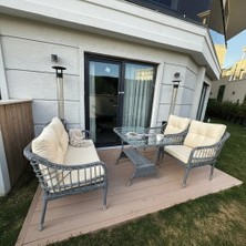 Tu Tienda Kaş Galvaniz Borulu 2+1+1+Sehpa Bahçe Balkon Mobilyası,gri Rattan/Krem kumaş