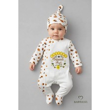 Babyden's Babasının Balı Yazılı Yenidoğan Bebek Tulumu Şapka Seti Arı Desenli %100 Pamuk Çıtçıtlı Bebek Tulum