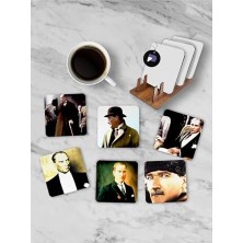 DMR Home (PSTER21275) Atatürk Standlı Ahşap Bardak Altlığı Seti, 6 Adet Baskılı Bardak Fincan Kahve Altlığı