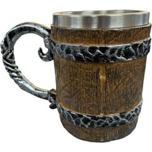 Expresstore Paslanmaz Çelik Fıçı Tasarımlı Kupa Bardak, 11 cm Yükseklik, Ahşap Görünümlü, Metal Kulplu