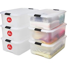 DMR Home Ohyama Kapaklı Plastik Saklama Kutuları, 30L, 6'lı Set, Şeffaf