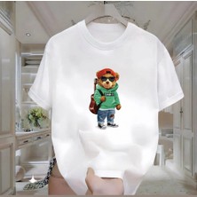 Rovel Gitarcı Ayı Baskılı Beyaz Oversize Tshirt