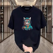 Rovel Gri Kedi Baskılı Siyah Oversize Tshirt
