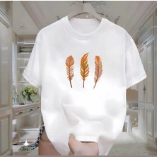 Rovel 3 Yaprak Baskılı Beyaz Oversize Tshirt