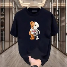 Rovel Iskelet Bear Baskılı Siyah Oversize Tshirt
