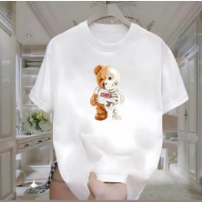 Rovel Iskelet Bear Baskılı Beyaz Oversize Tshirt