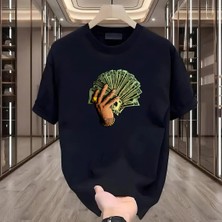 Rovel Elde Para Baskılı Siyah Oversize Tshirt