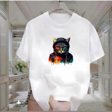 Rovel Sinirli Kedi Baskılı Beyaz Oversize Tshirt