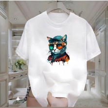Rovel Gözlüklü Kedi Baskılı Beyaz Oversize Tshirt