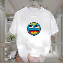 Rovel Pixel Smile Baskılı Beyaz Oversize Tshirt