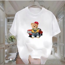 Rovel Kırmızı Arabalı Ayı Baskılı Beyaz Oversize Tshirt