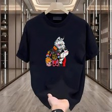 Rovel Kedi Baskılı Siyah Oversize Tshirt