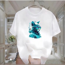 Rovel Gözlüklü Gri Kedi Baskılı Beyaz Oversize Tshirt