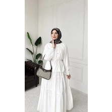 Esra Butik Tensel Kumaş Beyaz Belden Bağlamalı Kat Kat Etekli Tesettür Takım