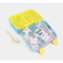 DMR Home Renkli Kedi Desenli Beslenme Kutusu - 700 ml 2 Bölmeli Taşıma Kulplu Çocuk Beslenme Kabı Pp (Mavi)