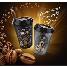 Expresstore 2'li Coffee Desenli Kahve Bardağı Takımı (2 x 400 Ml) - Kahverengi Pipet Girişli Kapaklı Içecek Bardağı Paketi
