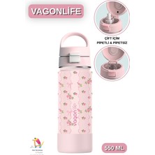 Vagonlife 550 ml Desenli Çift Içim - Pipetli / Pipetsiz Taşıma Kulplu Paslanmaz Çelik Termos