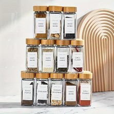 Expresstore Cam Baharatlık Seti, 12 Adet, Bambu Kapaklı, Etiketli